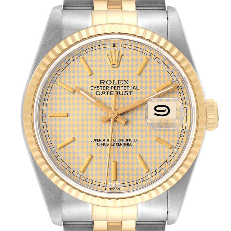 Rolex Datejust Houndstooth Dial Steel Yellow Gold Mens Watch 16233 Box and Papers