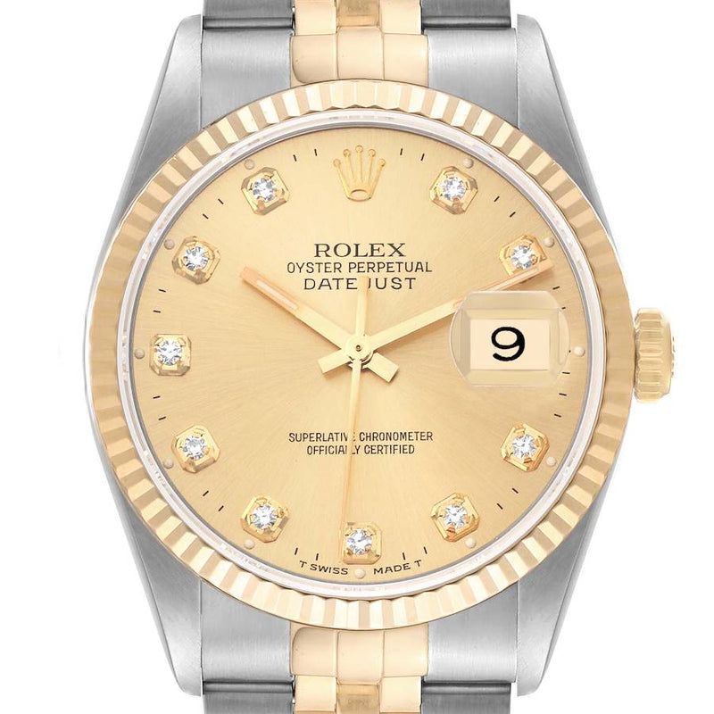 Rolex Datejust 16233 Watch for Men | 36MM | Yellow Gold Diamond | Champagne Dial - Steel
