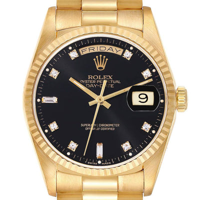 Rolex President Day-Date Watch 18038 for Men | 36MM | Yellow Gold Black Diamond Dial | 18K