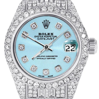 Full Diamond Bust Down Rolex Datejust Watch for Women | 1 Carat Bezel | 26MM | Light Blue Diamond Dial | Jubilee Band