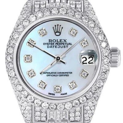 Full Diamond Bust Down Rolex Datejust Watch for Women | 1 Carat Bezel | 26MM | Blue Mother of Pearl Diamond Dial | Jubilee Band