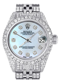 Full Diamond Bust Down Rolex Datejust Watch for Women | 1 Carat Bezel | 26MM | Blue Mother of Pearl Diamond Dial | Jubilee Band
