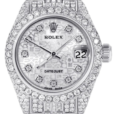 Full Diamond Bust Down Stainless Steel Rolex Watch for Womens | 26MM | Texture Dial | Jubilee Band