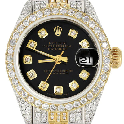 Full Diamond Bust Down Rolex Datejust Gold Watch for Women | 1 Carat Bezel | 26MM | Black Dial | Jubilee Band