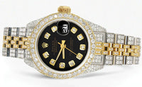 Full Diamond Bust Down Rolex Datejust Gold Watch for Women | 1 Carat Bezel | 26MM | Black Dial | Jubilee Band