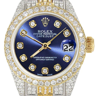 Full Diamond Bust Down Rolex Datejust Watch for Women  | 1 Carat Bezel | 26MM | Blue Diamond Dial | Jubilee Band