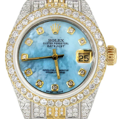 Full Diamond Bust Down Rolex Datejust Gold Watch for Women | 1 Carat Bezel | 26MM | Blue Pearl Diamond Dial | Jubilee Band