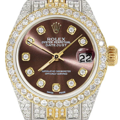Full Diamond Bust Down Rolex Datejust Watch for Women  | 1 Carat Bezel | 26MM | Brown Diamond Dial - Chocolate Diamond Dial | Jubilee Band