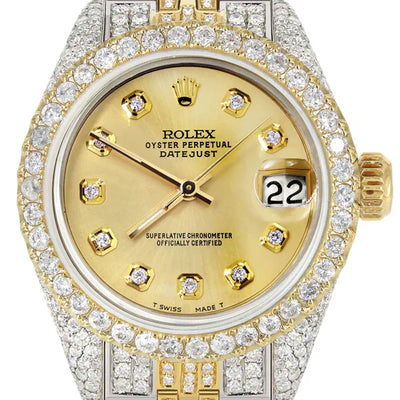 Full Diamond Bust Down Rolex Datejust Watch for Women  | 1 Carat Bezel | 26MM | Gold Diamond Dial | Jubilee Band