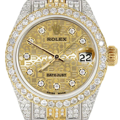 Full Diamond Bust Down Rolex Datejust Watch for Women  | 1 Carat Bezel | 26MM | Texture Gold Diamond Dial | Jubilee Band