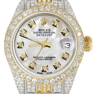 Full Diamond Bust Down Rolex Datejust Gold Watch for Women | 1 Carat Bezel | 26MM | Mother of Pearl Dial | Jubilee Band