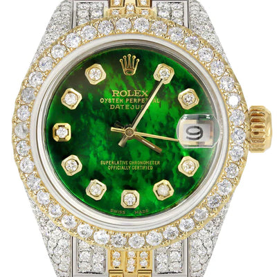 Full Diamond Bust Down Rolex Datejust Gold Watch for Women | 1 Carat Bezel | 26MM | Green Pearl Diamond Dial | Jubilee Band