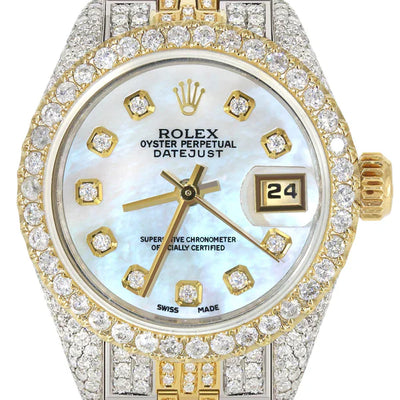Full Diamond Bust Down Rolex Datejust Gold Watch for Women | 1 Carat Bezel | 26MM | Blue Pearl Diamond Dial | Jubilee Band