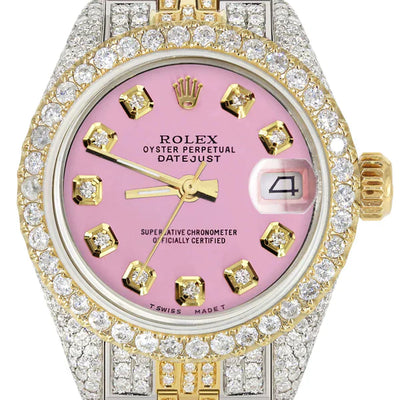 Full Diamond Bust Down Rolex Datejust Gold Watch for Women | 1 Carat Bezel | 26MM | Pink Dial | Jubilee Band