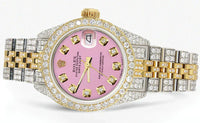 Full Diamond Bust Down Rolex Datejust Gold Watch for Women | 1 Carat Bezel | 26MM | Pink Dial | Jubilee Band
