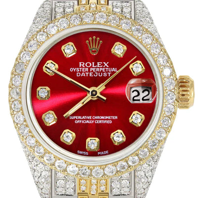 Full Diamond Bust Down Rolex Datejust Watch for Women  | 1 Carat Bezel | 26MM | Red Diamond Dial | Jubilee Band