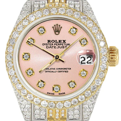 Full Diamond Bust Down Rolex Datejust Watch for Women  | 1 Carat Bezel | 26MM | Salmon Pink Diamond Dial | Jubilee Band