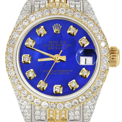 Full Diamond Bust Down Rolex Datejust Gold Watch for Women | 1 Carat Bezel | 26MM | Royal Blue Dial | Jubilee Band