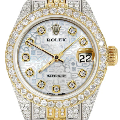 Full Diamond Bust Down Rolex Datejust Watch for Women  | 1 Carat Bezel | 26MM | Texture Diamond Dial | Jubilee Band