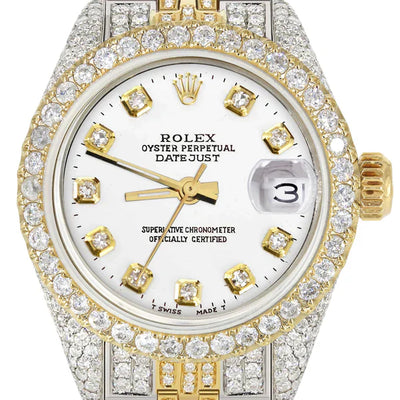 Full Diamond Bust Down Rolex Datejust Watch for Women | 1 Carat Bezel | 26MM | White Dial | Jubilee Band
