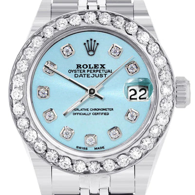 Diamond Rolex Datejust Watch for Women | 1 Carat Bezel | 26MM | Light Blue Diamond Dial | Jubilee Band