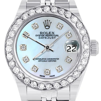 Diamond Rolex Datejust Watch for Women | 1 Carat Bezel | 26MM | Blue Mother of Pearl Diamond Dial | Jubilee Band