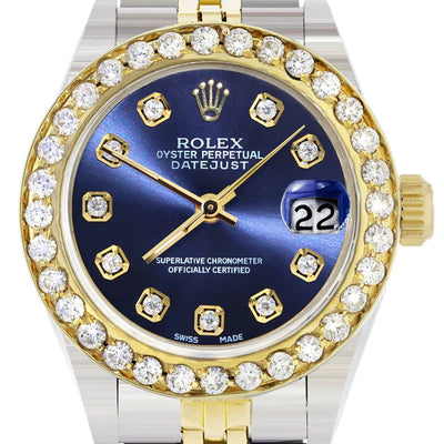 Diamond Rolex Datejust Watch for Women  | 1 Carat Bezel | 26MM | Blue Diamond Dial | Jubilee Band