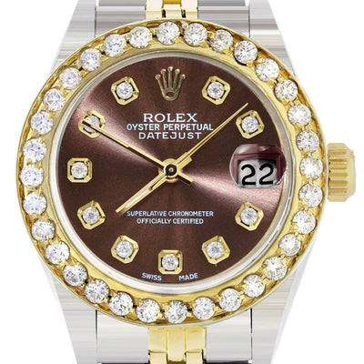 Diamond Rolex Datejust Watch for Women  | 1 Carat Bezel | 26MM | Brown Diamond Dial - Chocolate Diamond Dial | Jubilee Band