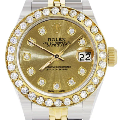 Diamond Rolex Datejust Watch for Women  | 1 Carat Bezel | 26MM | Gold Diamond Dial | Jubilee Band
