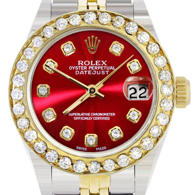 Diamond Rolex Datejust Watch for Women  | 1 Carat Bezel | 26MM | Red Diamond Dial | Jubilee Band