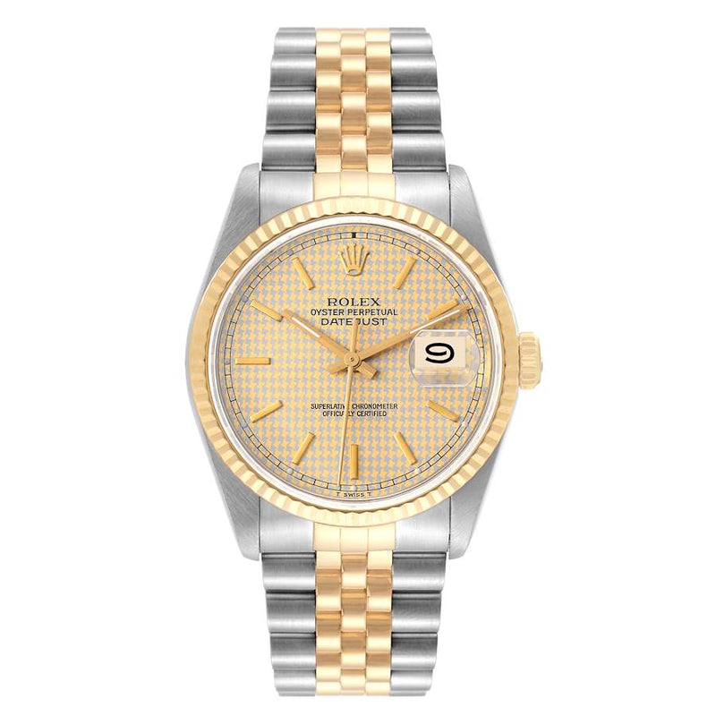 Rolex Datejust Houndstooth Dial Steel Yellow Gold Mens Watch 16233 Box and Papers