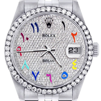 Diamond Rolex Datejust Watch 16200 | 36MM | Full Diamond Color Arabic Dial | Stainless Steel | Jubilee Band