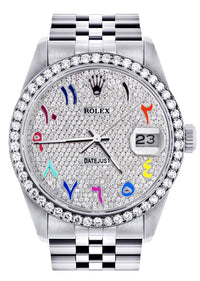 Diamond Rolex Datejust Watch 16200 | 36MM | Full Diamond Color Arabic Dial | Stainless Steel | Jubilee Band