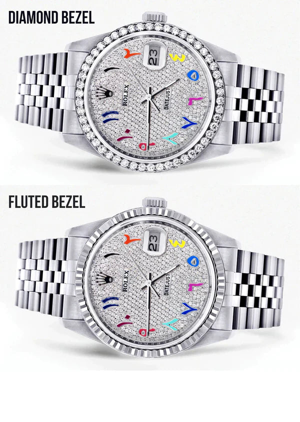 Diamond Rolex Datejust Watch 16200 | 36MM | Full Diamond Color Arabic Dial | Stainless Steel | Jubilee Band