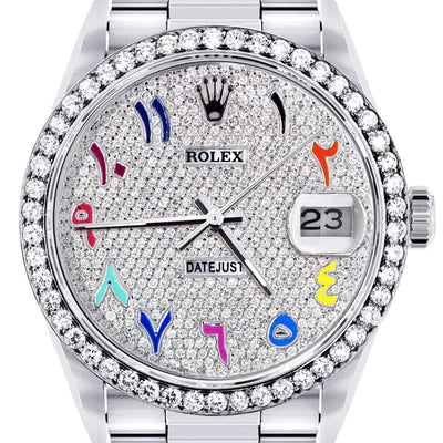 Diamond Rolex Datejust Watch 16200 | 36MM | Full Diamond Color Arabic Dial | Stainless Steel | Oyster Band