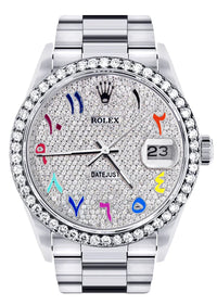 Diamond Rolex Datejust Watch 16200 | 36MM | Full Diamond Color Arabic Dial | Stainless Steel | Oyster Band