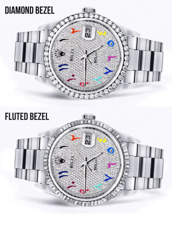 Diamond Rolex Datejust Watch 16200 | 36MM | Full Diamond Color Arabic Dial | Stainless Steel | Oyster Band
