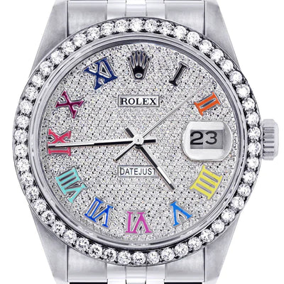 Diamond Rolex Datejust Watch 16200 | 36MM | Full Diamond Color Roman Dial | Stainless Steel | Jubilee Band