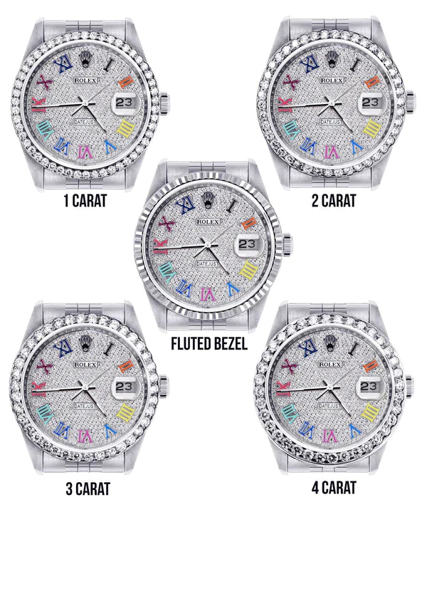 Diamond Rolex Datejust Watch 16200 | 36MM | Full Diamond Color Roman Dial | Stainless Steel | Jubilee Band