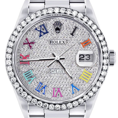 Diamond Rolex Datejust Watch 16200 | 36MM | Full Diamond Color Roman Dial | Stainless Steel | Oyster Band