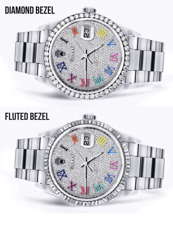 Diamond Rolex Datejust Watch 16200 | 36MM | Full Diamond Color Roman Dial | Stainless Steel | Oyster Band