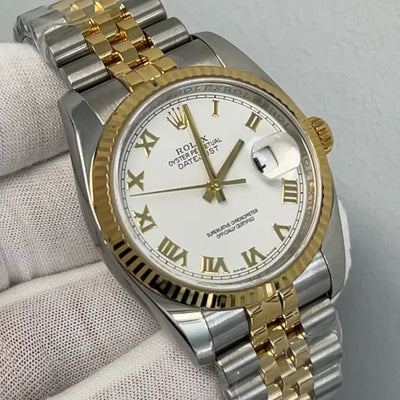 Rolex Datejust 36 Steel White Roman Dial Fluted 18K Gold Two Tone Jubilee Watch 116233