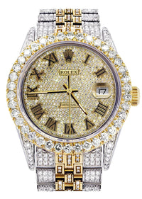 Iced Out Rolex Datejust | 36MM | Full Diamond Gold Roman Diamond Dial | Two Tone | Diamond Jubilee Band | 10 Carats of Diamonds
