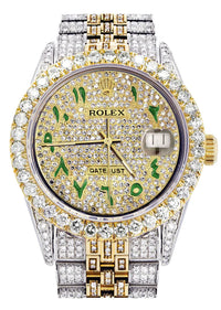 Iced Out Rolex Datejust | 36MM | Full Diamond Green Arabic Diamond Dial | Two Tone | Diamond Jubilee Band | 10 Carats of Diamonds |