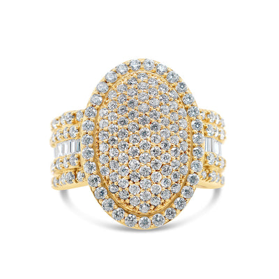 Mens Gold Baguette and Round Diamond Oval Pinky Ring | 14K Yellow Gold | 3.63 CTW