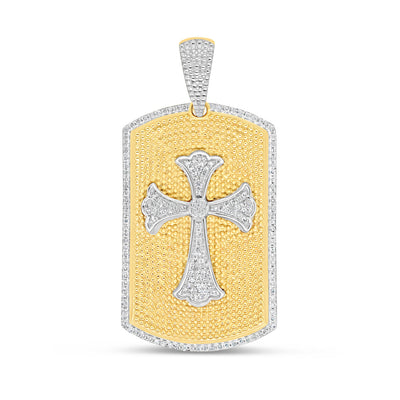 Dog Tag with Cross - Yellow Gold Diamond Pendant | 1.38 CTW | 10K