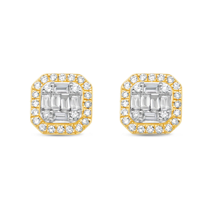 Gold Baguette and Round Diamond Square Earrings| Yellow Gold 10K|  1.04CT | 10MM