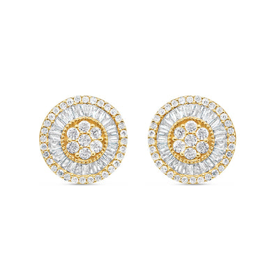 14K Yellow Gold | Round and Baguette Diamond Round Earrings | 1.01CTW | 11.2MM