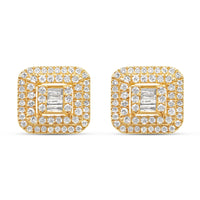 14K Yellow Gold | Round and Baguette Diamond Square Earrings | 1.7CTW | 10.3MM