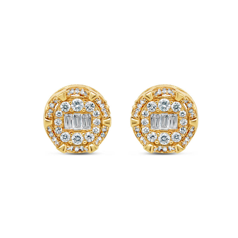 14K Yellow Gold | Round and Baguette Diamond Round Earrings | 0.76CTW | 10.7MM